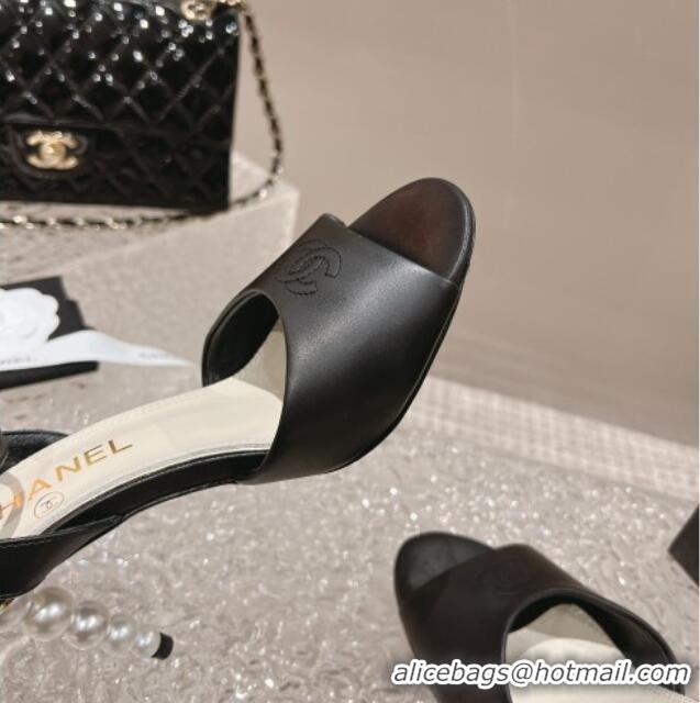 Best Price Chanel Calfskin Sandals 8.5cm with Pearls Heel and CC Embroidery Black 0126059