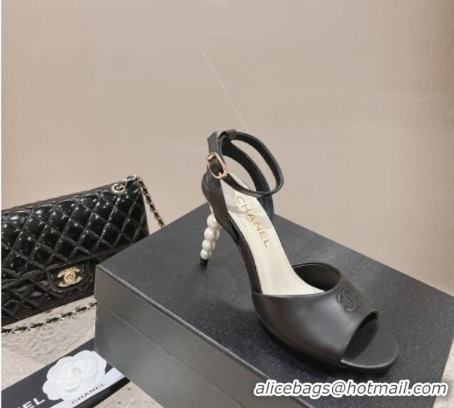 Best Price Chanel Calfskin Sandals 8.5cm with Pearls Heel and CC Embroidery Black 0126059