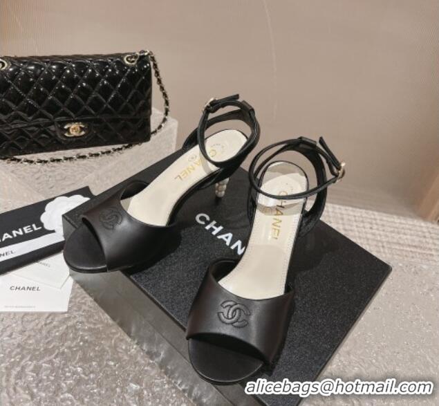 Best Price Chanel Calfskin Sandals 8.5cm with Pearls Heel and CC Embroidery Black 0126059