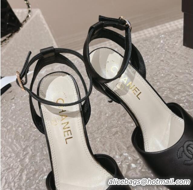 Best Price Chanel Calfskin Sandals 8.5cm with Pearls Heel and CC Embroidery Black 0126059