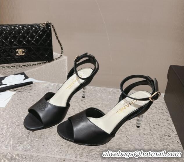 Best Price Chanel Calfskin Sandals 8.5cm with Pearls Heel and CC Embroidery Black 0126059