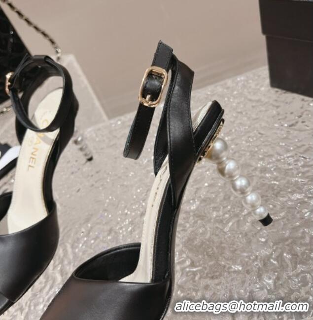 Best Price Chanel Calfskin Sandals 8.5cm with Pearls Heel and CC Embroidery Black 0126059