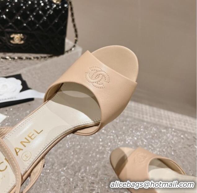 Unique Style Chanel Calfskin Sandals 8.5cm with Pearls Heel and CC Embroidery Nude 0126060