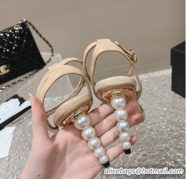 Unique Style Chanel Calfskin Sandals 8.5cm with Pearls Heel and CC Embroidery Nude 0126060