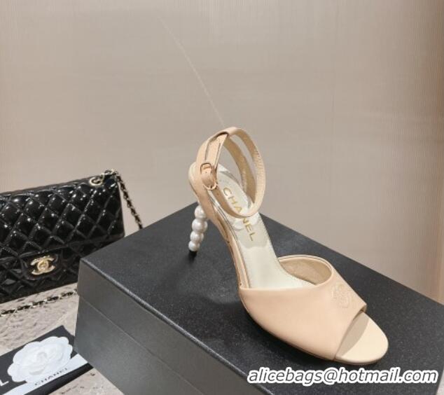 Unique Style Chanel Calfskin Sandals 8.5cm with Pearls Heel and CC Embroidery Nude 0126060