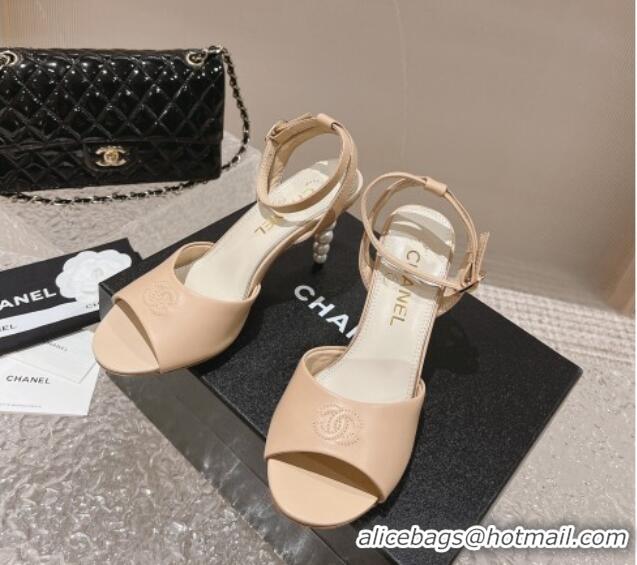 Unique Style Chanel Calfskin Sandals 8.5cm with Pearls Heel and CC Embroidery Nude 0126060