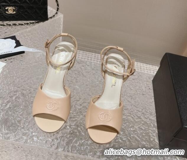 Unique Style Chanel Calfskin Sandals 8.5cm with Pearls Heel and CC Embroidery Nude 0126060