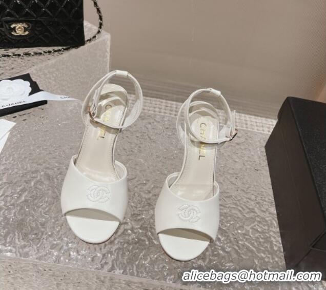 Low Price Chanel Calfskin Sandals 8.5cm with Pearls Heel and CC Embroidery White 0126061