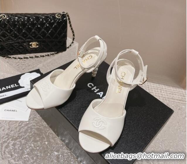 Low Price Chanel Calfskin Sandals 8.5cm with Pearls Heel and CC Embroidery White 0126061