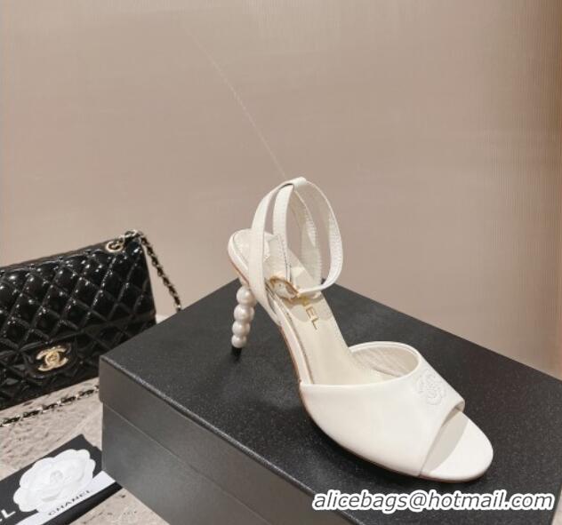 Low Price Chanel Calfskin Sandals 8.5cm with Pearls Heel and CC Embroidery White 0126061