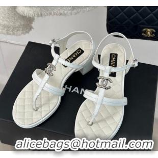 Stylish Chanel Calfskin Heel Sandals 5cm with CC White 126063