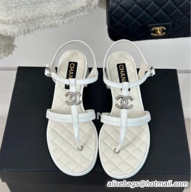 Stylish Chanel Calfskin Heel Sandals 5cm with CC White 126063