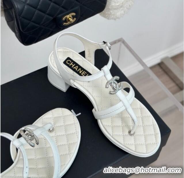 Stylish Chanel Calfskin Heel Sandals 5cm with CC White 126063