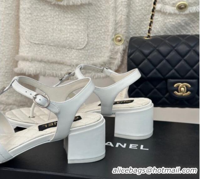 Stylish Chanel Calfskin Heel Sandals 5cm with CC White 126063