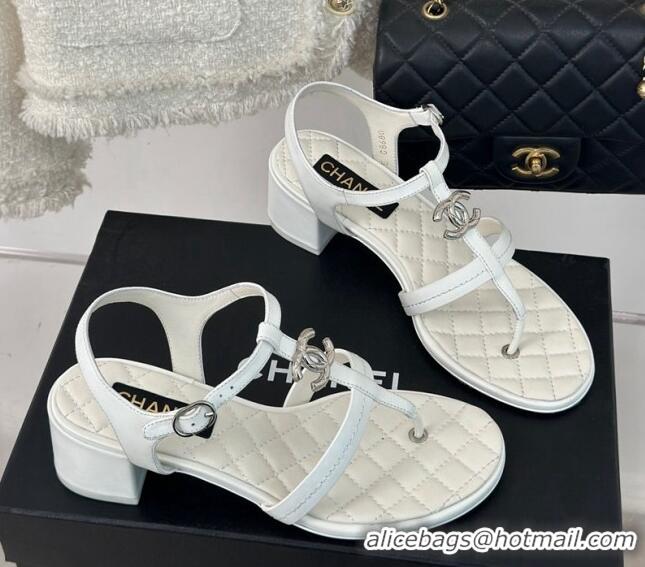 Stylish Chanel Calfskin Heel Sandals 5cm with CC White 126063