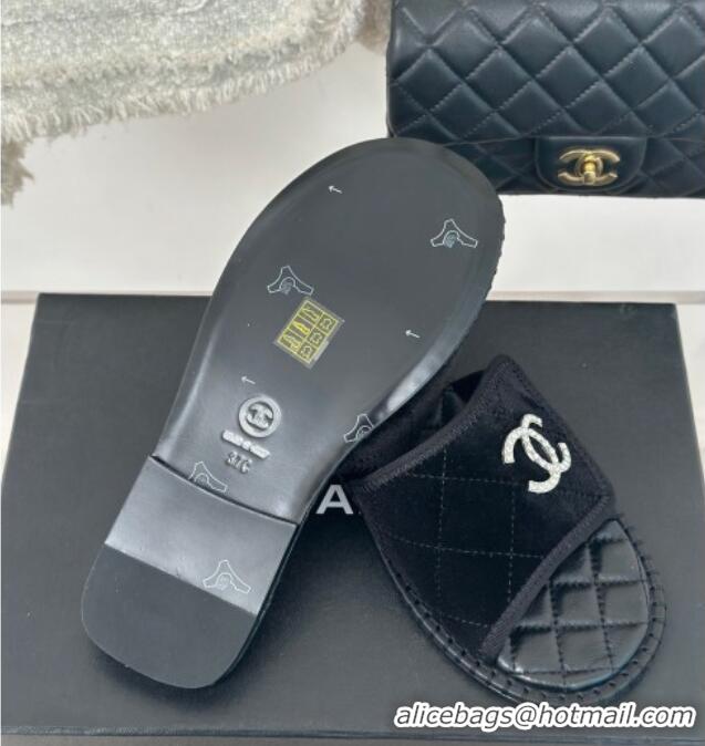 Good Quality Chanel Velvet Foldover Flat Slide Sandals with Crystals CC Black 126064