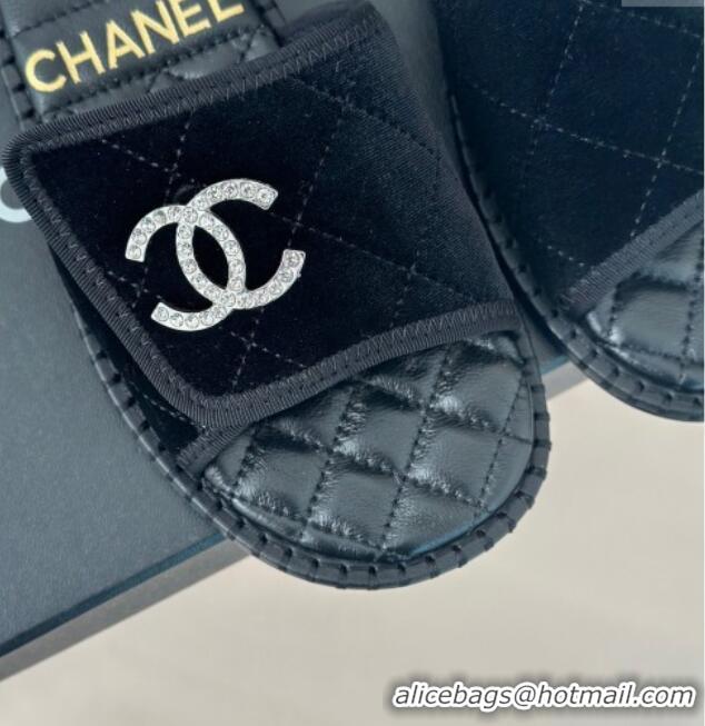 Good Quality Chanel Velvet Foldover Flat Slide Sandals with Crystals CC Black 126064