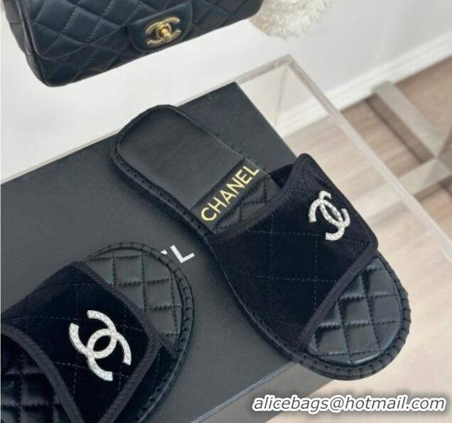 Good Quality Chanel Velvet Foldover Flat Slide Sandals with Crystals CC Black 126064