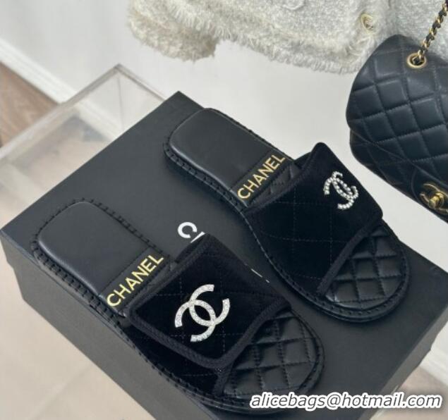 Good Quality Chanel Velvet Foldover Flat Slide Sandals with Crystals CC Black 126064