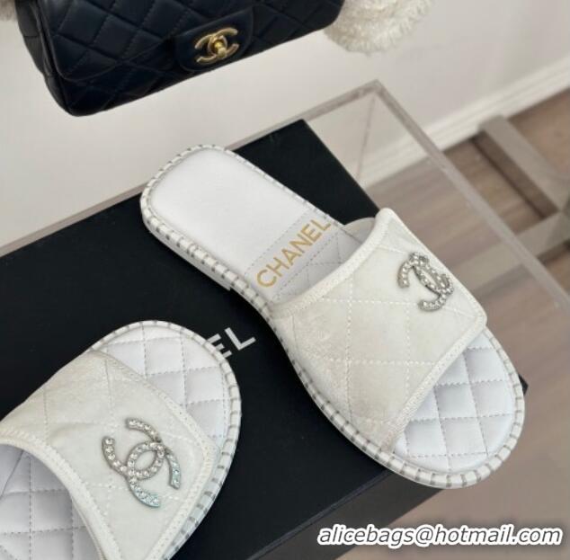 Durable Chanel Velvet Foldover Flat Slide Sandals with Crystals CC White 126065