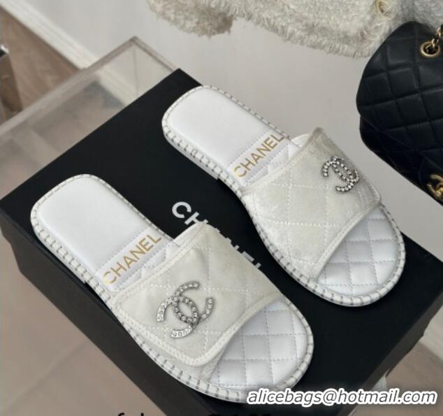 Durable Chanel Velvet Foldover Flat Slide Sandals with Crystals CC White 126065