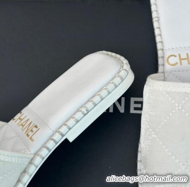 Durable Chanel Velvet Foldover Flat Slide Sandals with Crystals CC White 126065