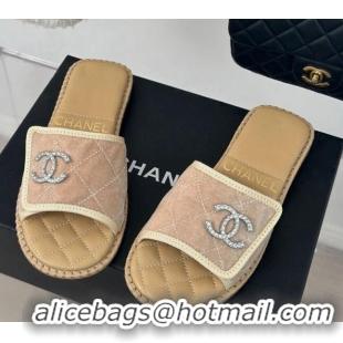 Perfect Chanel Velvet Foldover Flat Slide Sandals with Crystals CC Beige 0126066