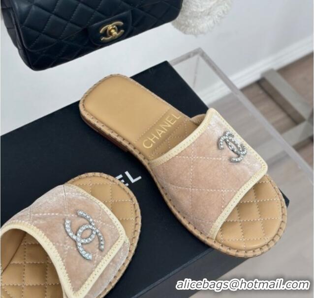 Perfect Chanel Velvet Foldover Flat Slide Sandals with Crystals CC Beige 0126066