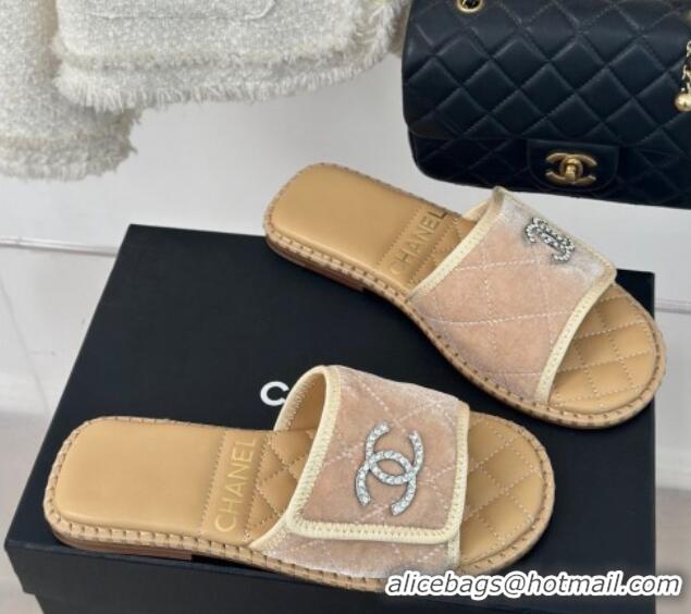 Perfect Chanel Velvet Foldover Flat Slide Sandals with Crystals CC Beige 0126066