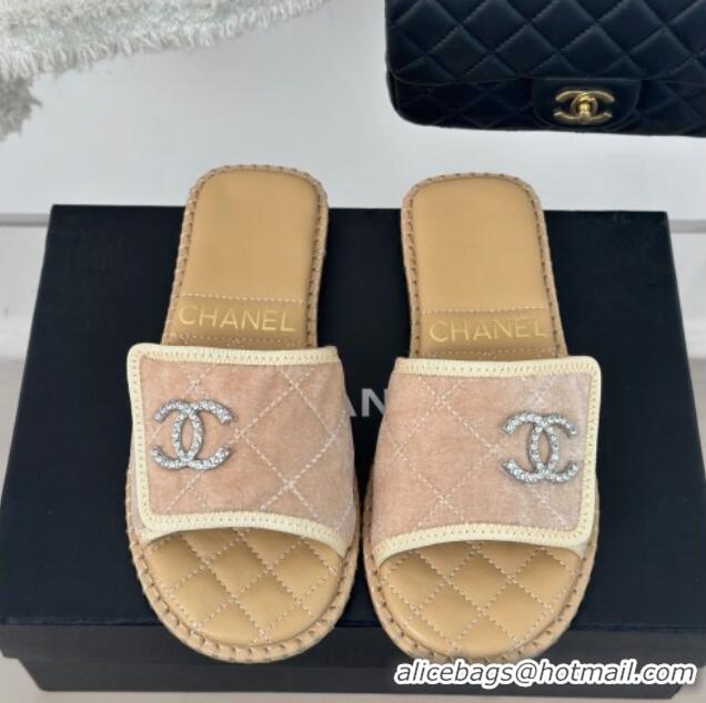 Perfect Chanel Velvet Foldover Flat Slide Sandals with Crystals CC Beige 0126066