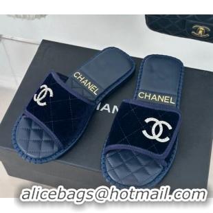 Grade Quality Chanel Velvet Foldover Flat Slide Sandals with Crystals CC Blue 0126067