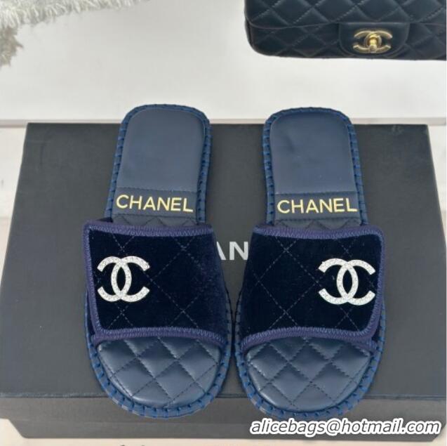 Grade Quality Chanel Velvet Foldover Flat Slide Sandals with Crystals CC Blue 0126067