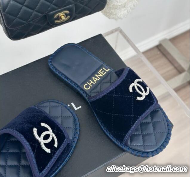 Grade Quality Chanel Velvet Foldover Flat Slide Sandals with Crystals CC Blue 0126067