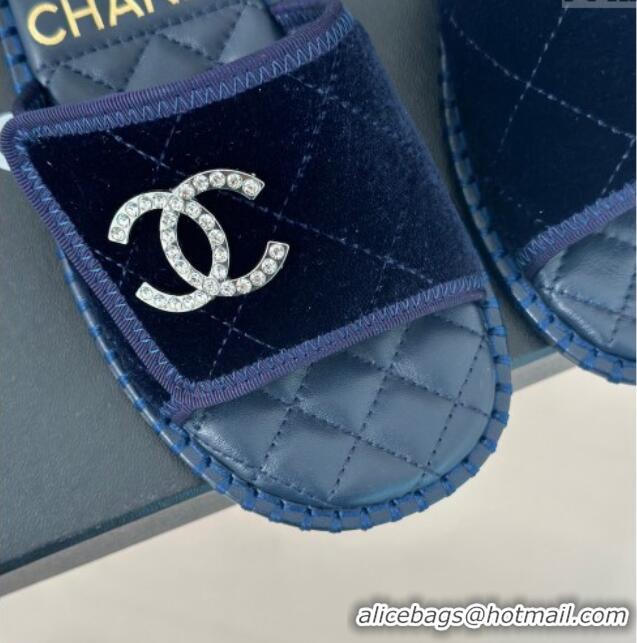 Grade Quality Chanel Velvet Foldover Flat Slide Sandals with Crystals CC Blue 0126067