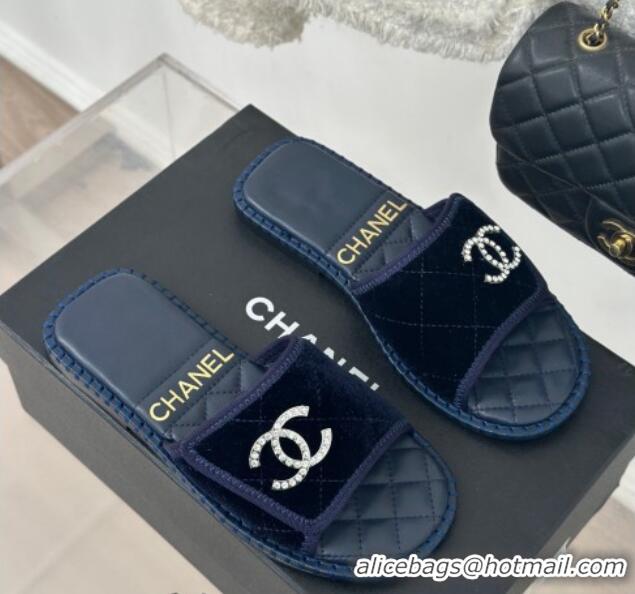 Grade Quality Chanel Velvet Foldover Flat Slide Sandals with Crystals CC Blue 0126067