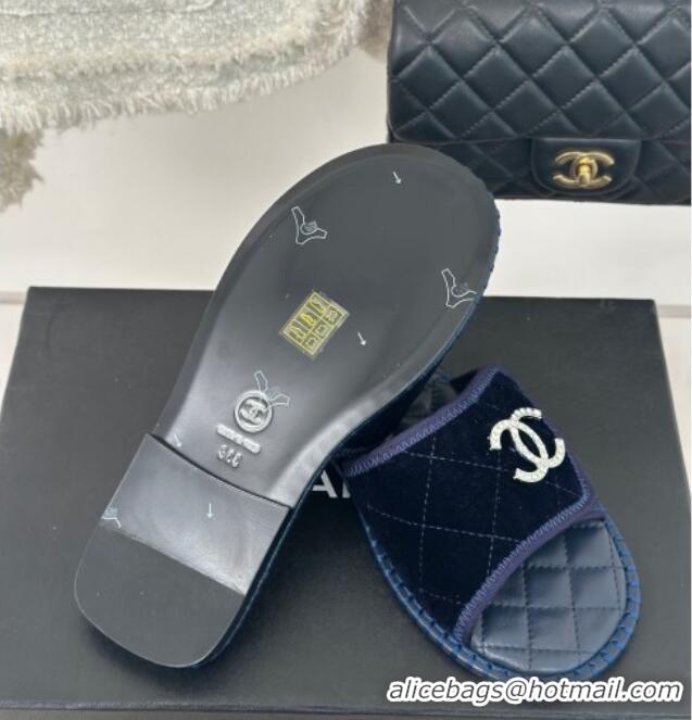 Grade Quality Chanel Velvet Foldover Flat Slide Sandals with Crystals CC Blue 0126067