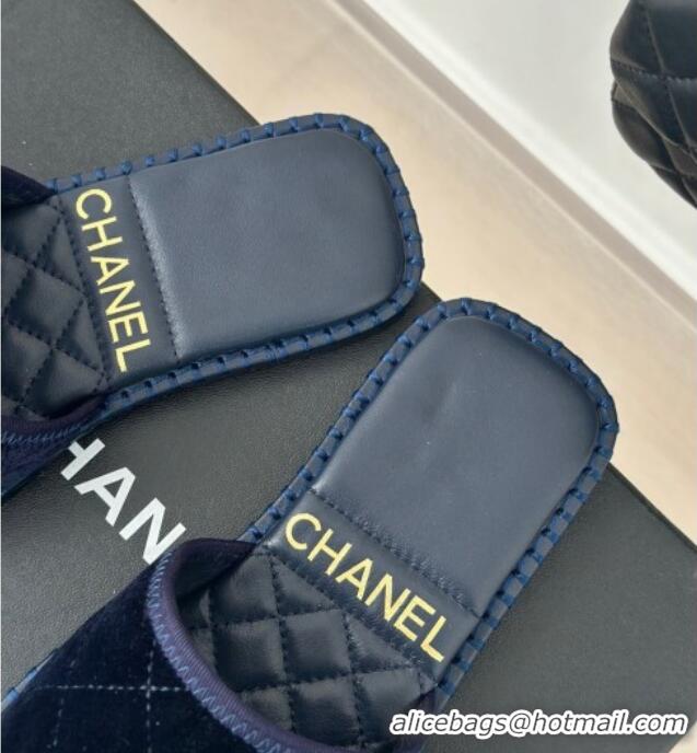 Grade Quality Chanel Velvet Foldover Flat Slide Sandals with Crystals CC Blue 0126067