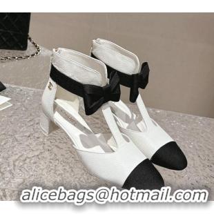 Cheap Price Chanel Calfskin Cutout Heel Ankle Boots 4cm with Bow White 126074