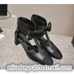 Shop Duplicate Chanel Calfskin Cutout Heel Ankle Boots 4cm with Bow Black 0126075