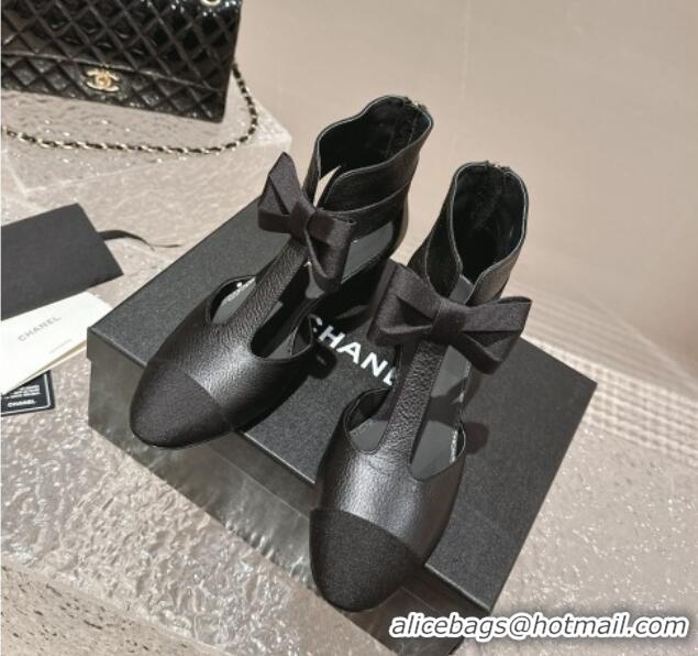 Shop Duplicate Chanel Calfskin Cutout Heel Ankle Boots 4cm with Bow Black 0126075