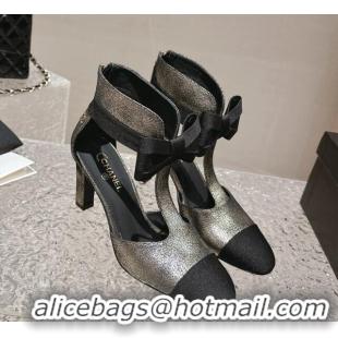 Classic Hot Chanel Aged Metallic Calfskin Cutout Heel Ankle Boots 8cm with Bow Gold 0126076