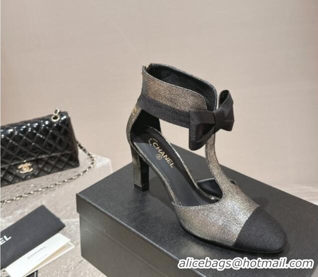 Classic Hot Chanel Aged Metallic Calfskin Cutout Heel Ankle Boots 8cm with Bow Gold 0126076