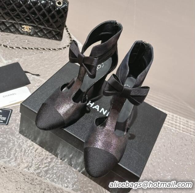 Luxurious Chanel Aged Metallic Calfskin Cutout Heel Ankle Boots 8cm with Bow Purple 126077