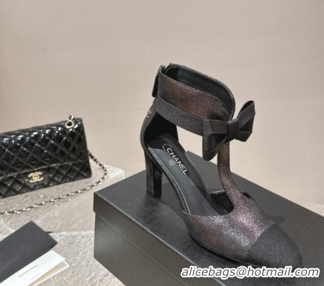 Luxurious Chanel Aged Metallic Calfskin Cutout Heel Ankle Boots 8cm with Bow Purple 126077