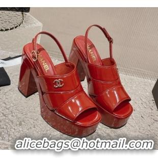 Classic Hot Chanel Patent Calfskin Platform Sandals Red 126082