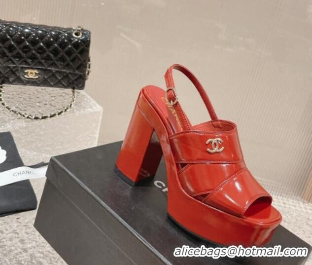 Classic Hot Chanel Patent Calfskin Platform Sandals Red 126082