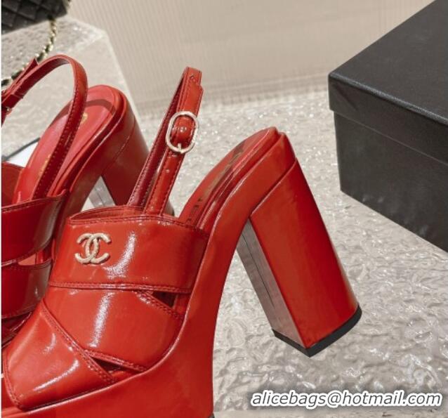 Classic Hot Chanel Patent Calfskin Platform Sandals Red 126082