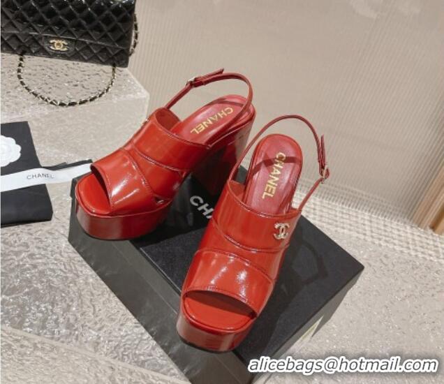 Classic Hot Chanel Patent Calfskin Platform Sandals Red 126082