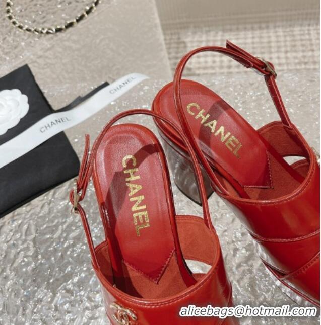 Classic Hot Chanel Patent Calfskin Platform Sandals Red 126082