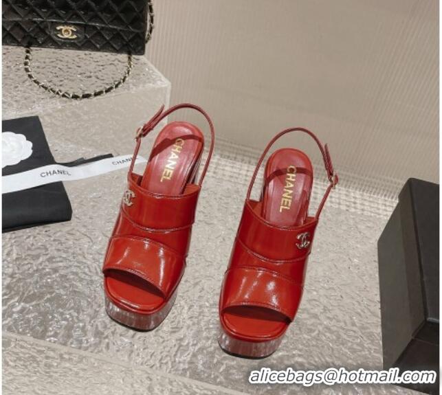 Classic Hot Chanel Patent Calfskin Platform Sandals Red 126082